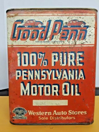 Vtg Good Penn Motor Oil 2 Gallon Oil Can Western Auto 100 Pure Pennsylvania Oil
