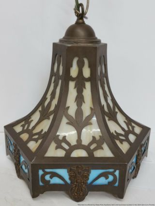 Antique Arts Crafts Slag Glass Hanging Pendant Light Fixture Bronzed Spelter