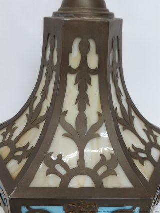 Antique Arts Crafts Slag Glass Hanging Pendant Light Fixture Bronzed Spelter 2