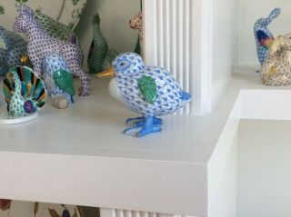 Herend Porcelain Duckling In Blue Fishnet W Multi Accents