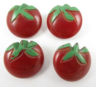 Charming Vintage 1930’s Bakelite Set Of 4 Carved Tomato Enamel Button Set