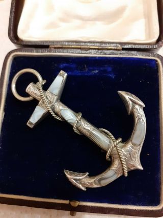 Large Victorian Silver Scottish Agate Anchor Brooch 14.  9g 7.  5cm X 4.  7cm