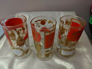 Barware Set Of 3 Vintage Cocktail Glasses With Recipes Hiball Red Gold