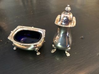 Tiffany & Co English Sterling Silver & Cobalt Glass Salt Cellar,  Pepper Shaker
