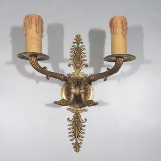 Antique French Gilded Bronze Sconce,  Neoclassic Style,  Swans And Palm,  Stamped
