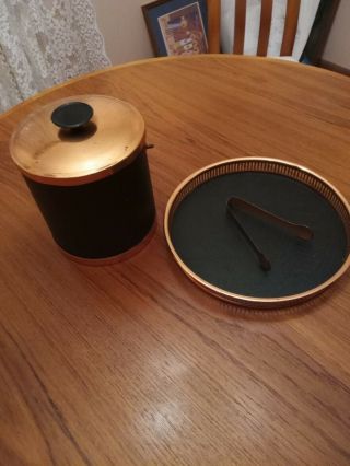 Vintage Copper Craft Guild Leatherette And Copper Ice Bucket With Tray And Tongs