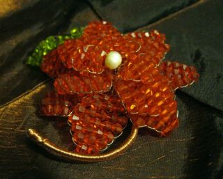 Mindy Lam Swarovski Red/orange Green Crystal Bead Pearl Copper Flower Pin Brooch