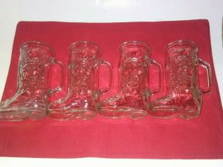 (4) Cowboy Boot Clear Glass Western Beer Mugs With Handle