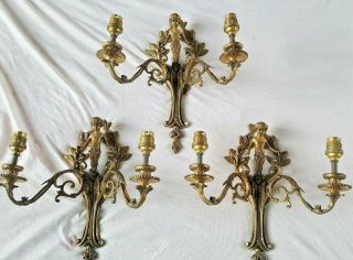Set Of 3 French Cherub Vintage 2 Arm Gold Gilt Brass Wall Lights Lamps Sconces