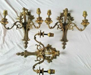 Set of 3 French CHERUB Vintage 2 Arm Gold GILT BRASS Wall Lights Lamps Sconces 2