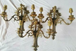 Set of 3 French CHERUB Vintage 2 Arm Gold GILT BRASS Wall Lights Lamps Sconces 3