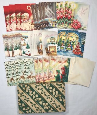 Box Of 30 Vintage Christmas Cards With Envelopes Santa Deer Candles Kids