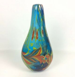 Art Glass Vase Floral Confetti Blue Hand Blown Vintage Heavy