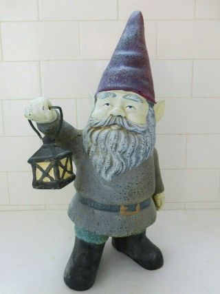 14 " Antique Cast Iron Garden Gnome W Lantern Vintage Metal Door Stop Troll