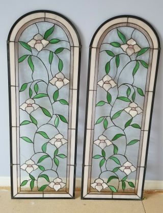 Vintage Leaded Stained Glass Panels - 16.  5 " X 47 " Green Leaves And White Flowers