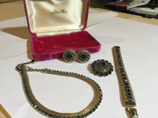 Vintage Weiss Signed Mesh Blue Necklace Bracelet Brooch Clip Earrings Set & Box
