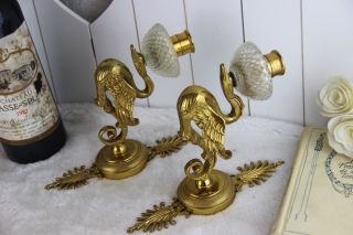Pair French Empire Brass Swan Crystal Glass Wall Sconces Lights 1960