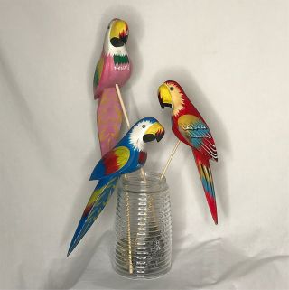 Vintage 3pc Parrot Macaw Tropical Birds 12 - 14 " L Wood Painted Hawaii Tiki Luau