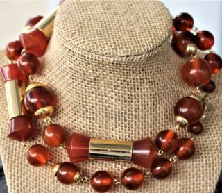 Signed Lanvin Paris Chunky Amber Bead Vintage Necklace France