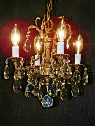 Antique French 4 Arm 4 Lite Ultra Petite Bronze Lead Crystal Chandelier (3 Avail
