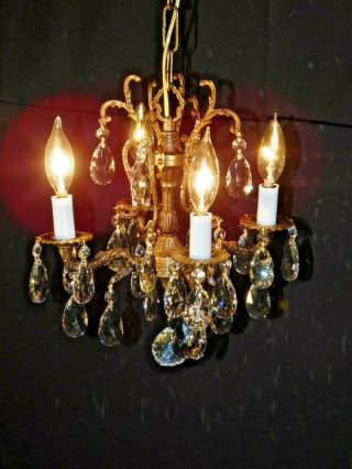 Antique French 4 Arm 4 Lite Ultra Petite Bronze Lead Crystal Chandelier (3 Avail 2