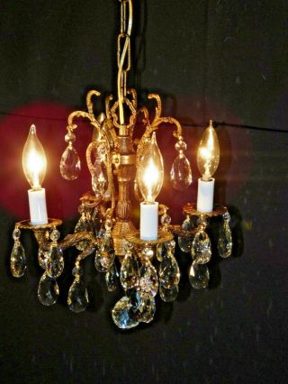 Antique French 4 Arm 4 Lite Ultra Petite Bronze Lead Crystal Chandelier (3 Avail 3