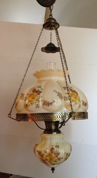 Vtg Brass Ceiling Fixture Chandelier Hand Painted Glass Shade Large