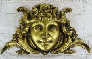Antique French Gilded Bronze Large Goddess Face Mask Funitrue Pediment 19th