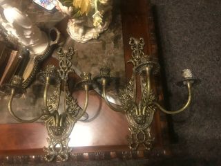 Antique Large Pair (2) Brass Wall Sconce Candle Holders - Holds 3 Tapers - 17.  5”x 12