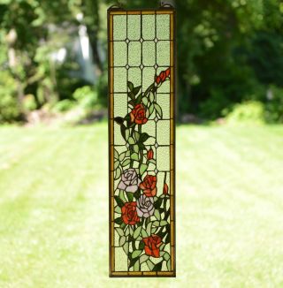 9 " X 36 " Handcrafted Stained Glass Window Panel Rose Flowers
