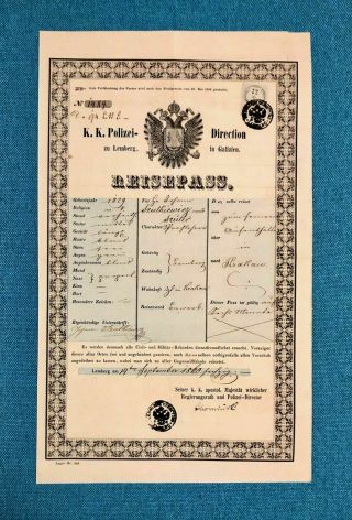 Austria - Hungary Empire 1865 Historical Not Us Passport Issued In Galicia Ukraine