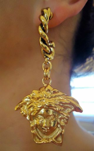 Vtg 80s Gianni Versace Huge 3 " Gold Chunky Medusa Drop Hoop Runway Earrings
