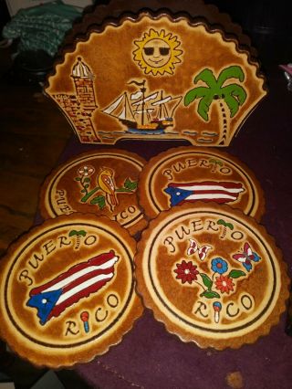 Made In Puerto Rico 5 Piece Leather Coaster Set With Holder.  100 For Charity.