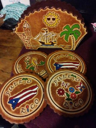 Made in Puerto Rico 5 Piece leather Coaster Set With Holder.  100 For charity. 3