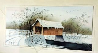Large 33 X 18 Vintage Watercolor Painting Listed Artist George Sperl Bridge Snow