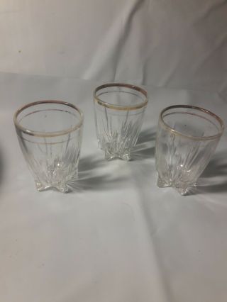 Three Vintage Federal Glass Co Footed Shot Glasses.  Gold Rimmed