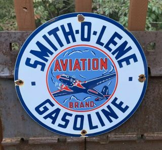 Old Aviation Smith - O - Lene Gasoline Porcelain Service Station Pump Sign