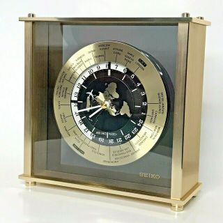Vtg Seiko Quartz Desk Mantle World Time Zone Clock W Airplane Second Hand Video