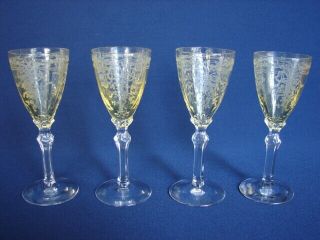 Set Of 4 Vintage Fostoria June Topaz 4 " Cordial Stems Elegant Etched Glass