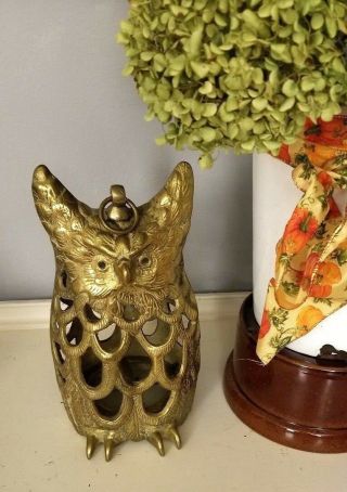 Vintage Brass Owl Hanging Lantern Candle Holder Mcm Heavy Decor 10.  5 "