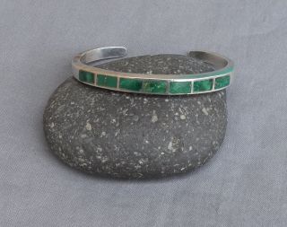 Old Vintage Native American Silver Green Turquoise Inlay Cuff Bracelet