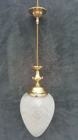 Art Nouveau Ceiling Lamp With Brass Gallery And Frosted Glass Shade