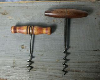 2 Antique Turned Wood Handle Cork Screw Wine Bottle Openers