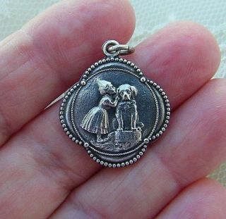 Antique Art Nouveau German Silver Charm,  Girl Whispering To Her Puppy Dog