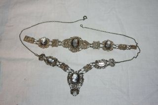 Antique 800 Silver Filigree Multi Cameo Demi Parure Necklace Bracelet Set