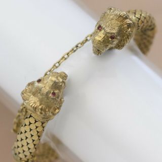 Antique Victorian 10k Gold Filled Gf Mesh Double Lion Ruby Cuff Bracelet