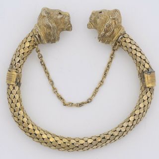 Antique Victorian 10k Gold Filled GF Mesh Double LION Ruby Cuff Bracelet 3
