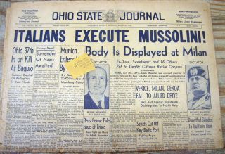 1945 Ww Ii Display Newspaper Italians Execute Italy Dictator Benito Mussolini
