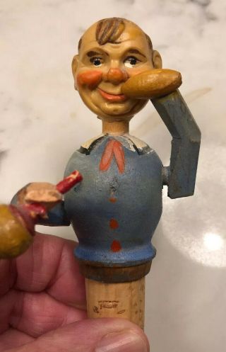 Vintage German Hand Carved Wood Puppet Cork Wine Bottle Stopper.  Eat And Drink