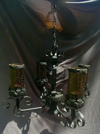 Antique Wrought Cast Iron Glass Lantern Chandelier Gothic Hanging Lamp Light